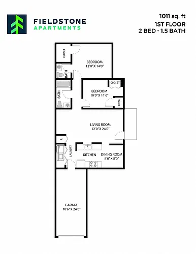 Floor plan 2 Bed, 1.5 Bath - 1,011 sq ft