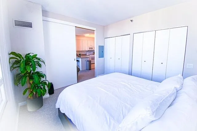 Bedroom with queen size beds and two closets