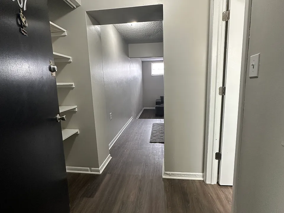 807 entry with new plank flooring and storage.
