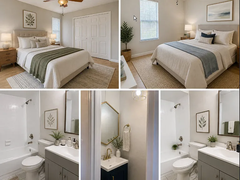Clean, neutral walls with wood-looking floor and natural light in bedrooms.