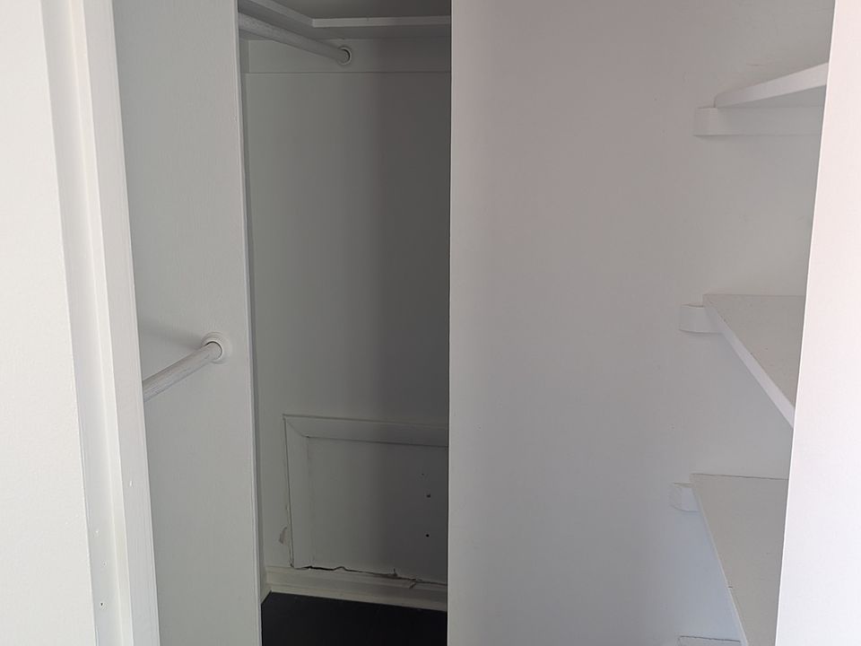 Walk-in closet with shelves and hanging