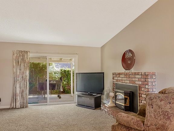Family room and fireplace with pellet stove.