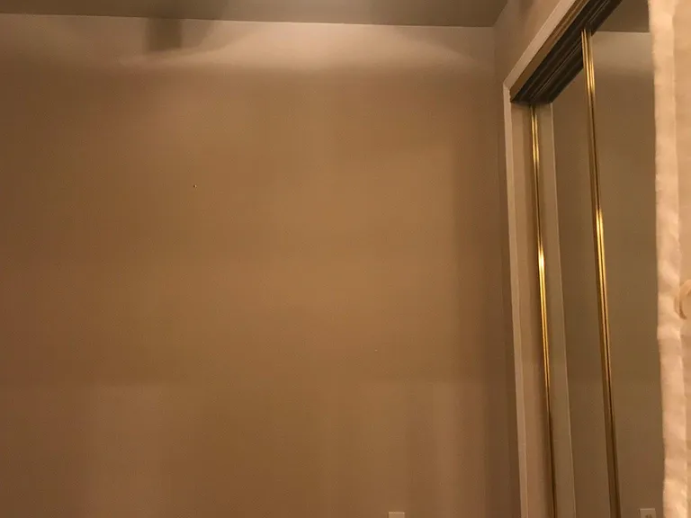 just inside bedroom showing ceiling fan and mirrored sliding closet doors. Inside the closet there is a nice organizer cabinet with shelves and drawers