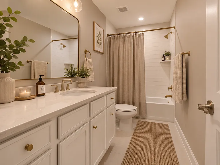 Upper level shared bathroom (photo virtually staged)