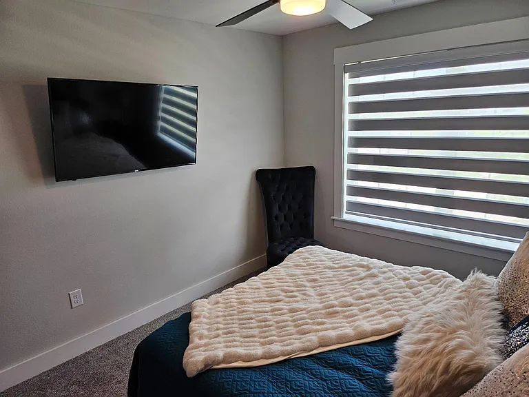 Private bedroom featuring a mounted TV, ceiling fan, and a large window with zebra shades for adjustable natural light.