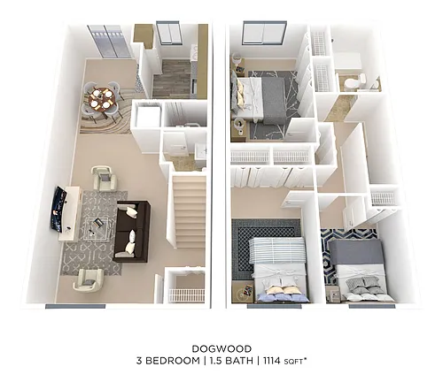 Floor plan Three Bedroom 1.5 Bath Townhome - 1,114 sqft