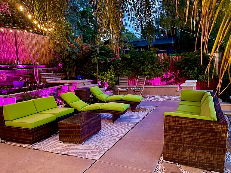 Private patio with 4 tiers and colored lights, new patio furniture, BBQ, fire pit