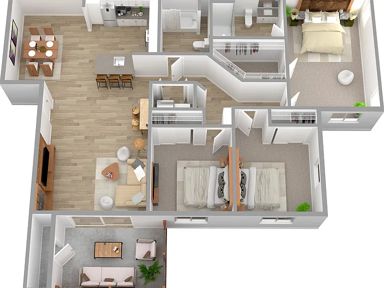 3D Furnished Three-Bedroom Floor Plan 3D Furnished Three-Bedroom Floor Plan