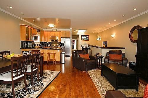 Open Living Room, Dining and Kitchen area