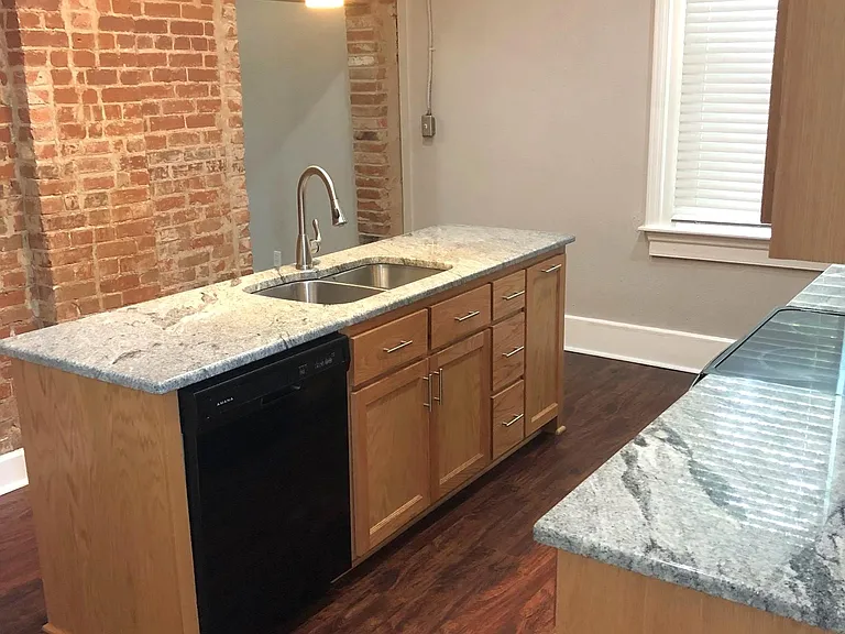 Kitchen, exposed brick