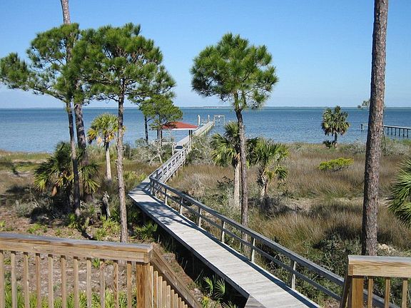 The bay view toward the dock and gazebo