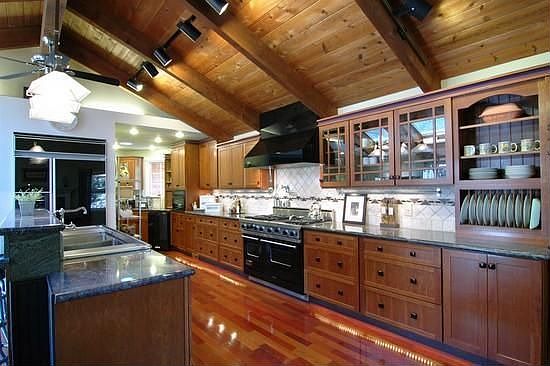 The chef's kitchen has professional quality appliances