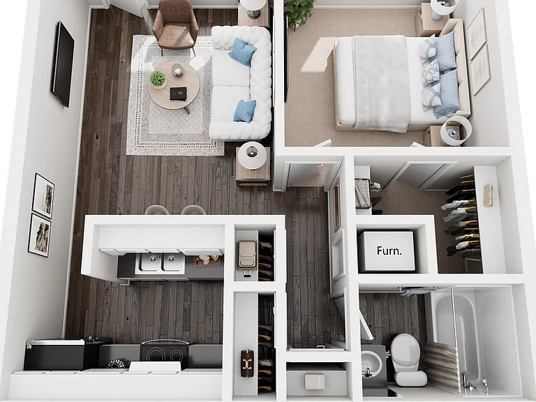 Explore this stylish urban apartment layout designed for seamless living. Explore this stylish urban apartment layout designed for seamless living.