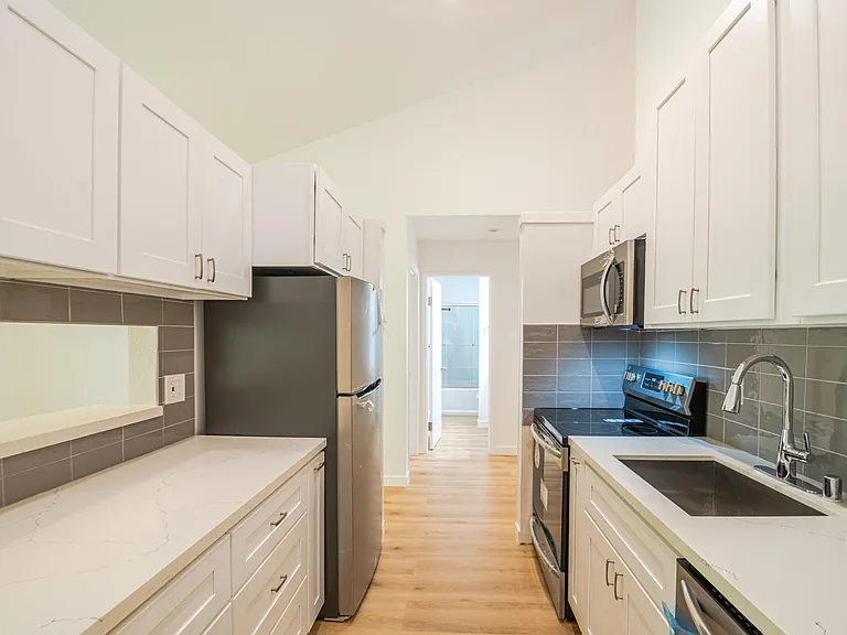 Your view of the renovated galley Kitchen from the front entrance and hallway