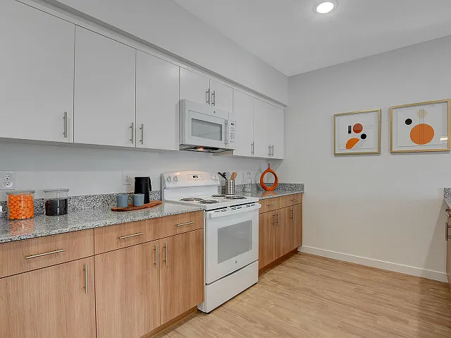 Modern kitchen area in 2 bedroom model home