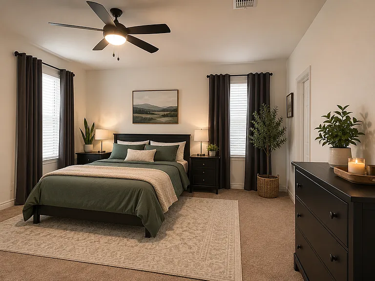 Master Bedroom is staged with a queen bed but definitely large enough for a king bed and a sitting area.