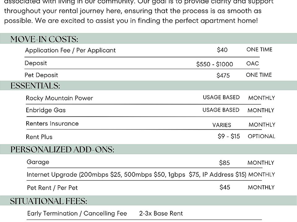 Orchard Cove Fee Guide