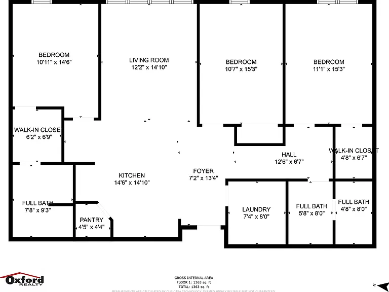 Elegant 3-bedroom Oxford Realty floor plan featuring an expansive living room, modern kitchen, two full baths, walk-in closets, and convenient laundry area, totaling 1,363 sq ft. Elegant 3-bedroom Oxford Realty floor plan featuring an expansive living roo