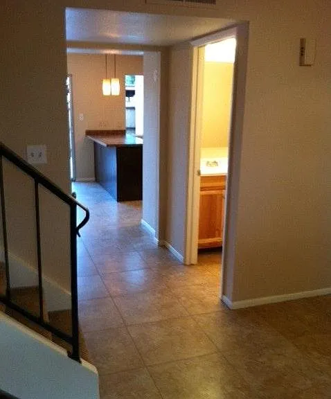 view from family room into kitchen