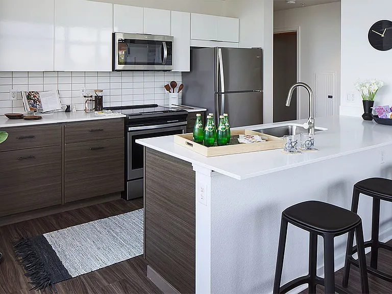 Apartment Kitchen with Stainless Steel Appliances, quartz counters and wood floors.