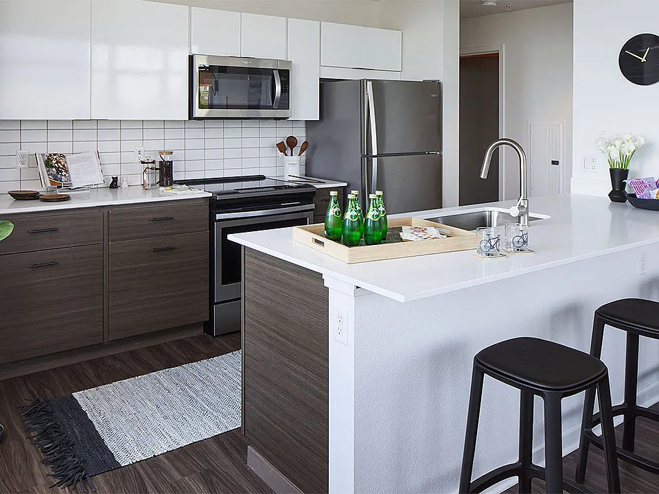 Apartment Kitchen with Stainless Steel Appliances, quartz counters and wood floors.