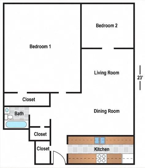 Floor plan Renovated 2 Bedroom 1 Bath - 01 Tier