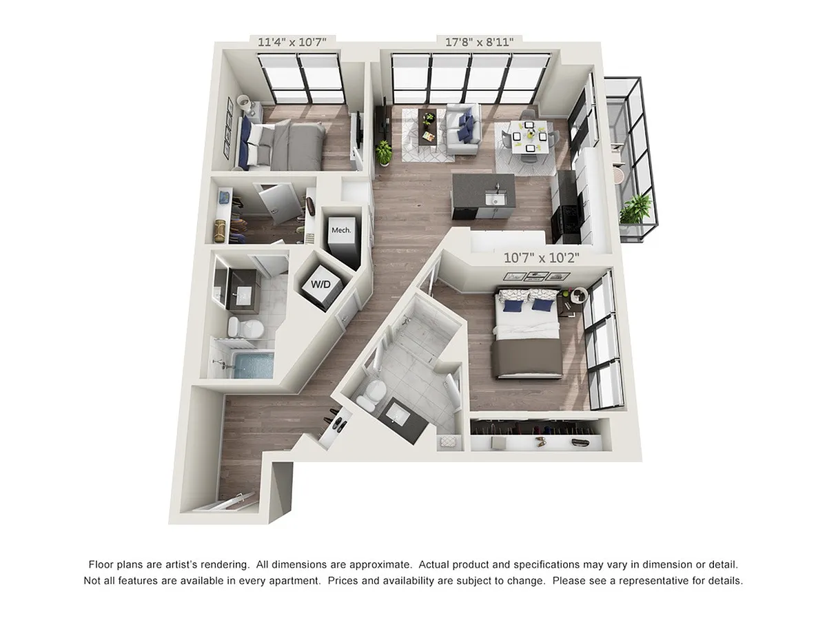 Floor plan Two Bedroom Two Bath (995 SF)