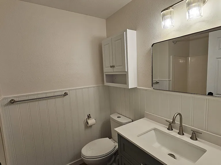 Hall bathroom with new cabinet, faucet, lighting , toilet , pretty much everything but the tub.