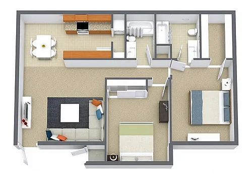 Floor plan 2 Bed, 2 Bath B