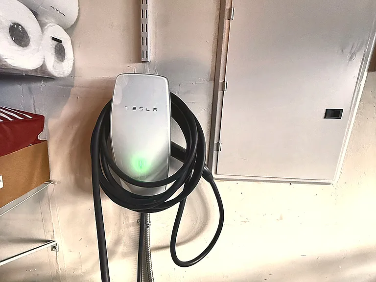 Tesla wall charger in the garage