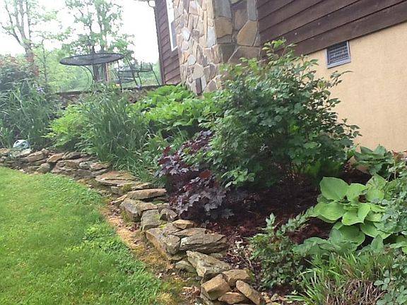 Landscaping, stone fireplace
