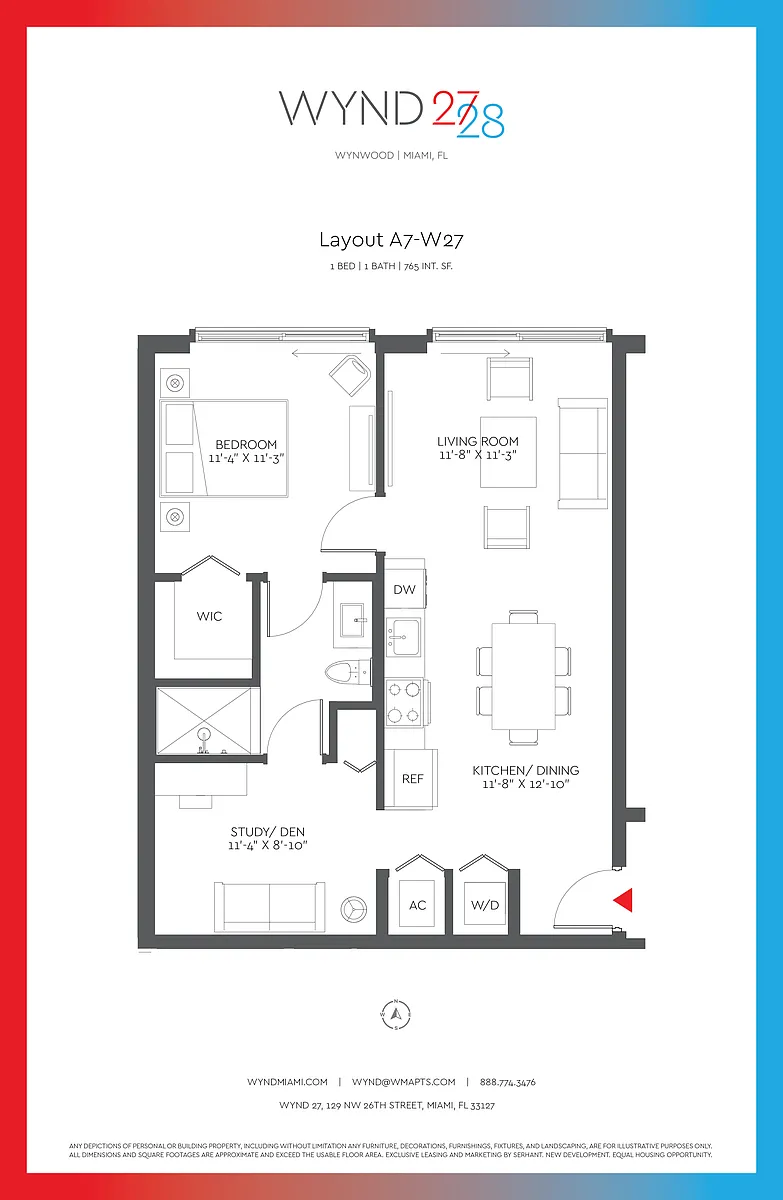 Floor plan W27 - 1BR 1BA (765 SF)