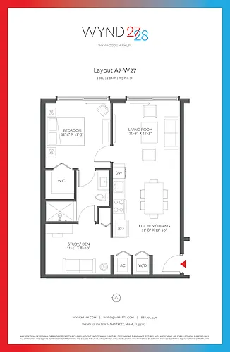 Floor plan W27 - 1BR 1BA (765 SF)