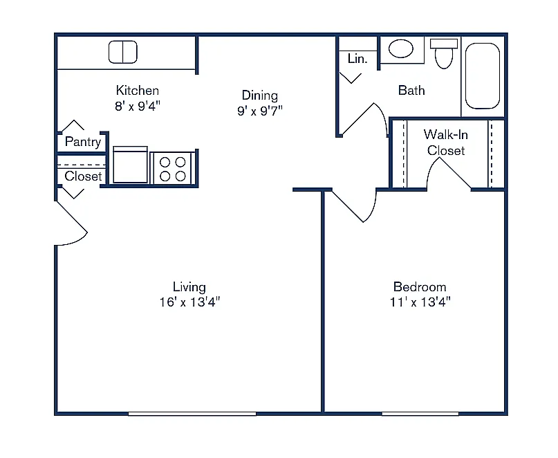Floor plan 1 Bedroom, 1 Bath NO PATIO OR BALCONY (672 sqft.)