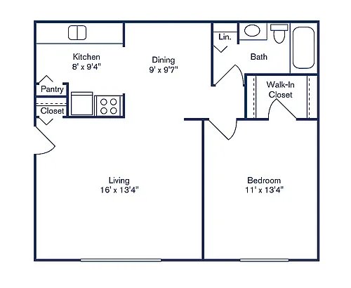 Floor plan 1 Bedroom, 1 Bath NO PATIO OR BALCONY (672 sqft.)