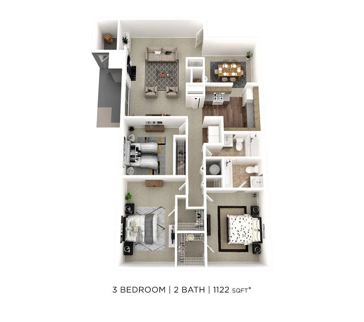 Floor plan Three Bedroom 2 Bath - 1,122 sqft