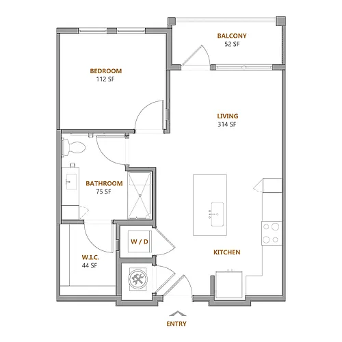 Floor plan 1 Bed, 1 Bath A (100% Income Restricted)