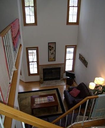 Vaulted living room & fireplace.