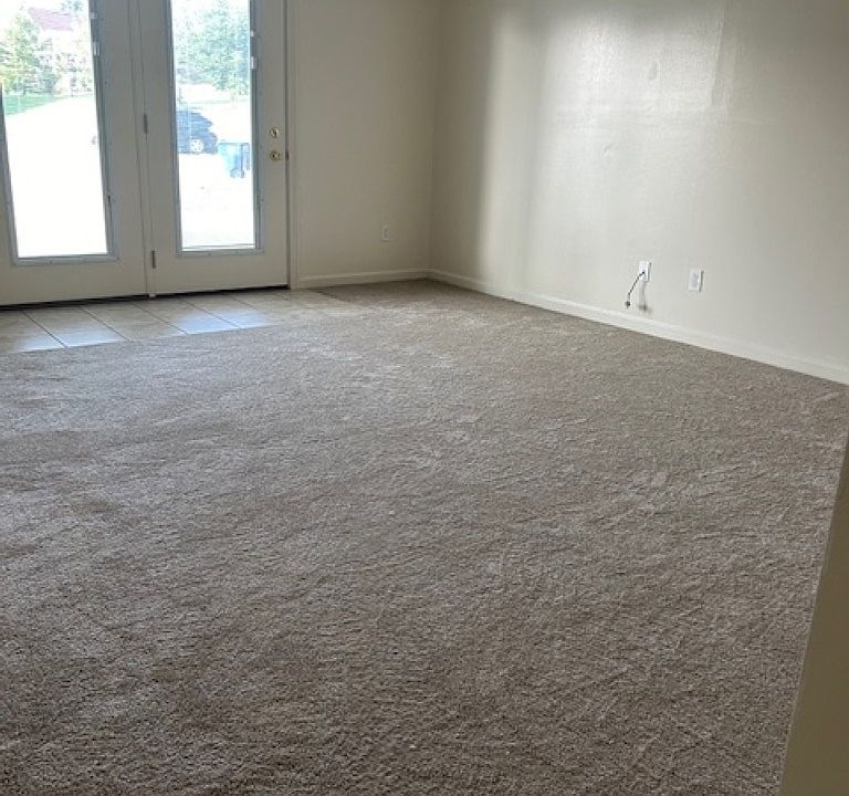 Light filled living room with walkout to patio