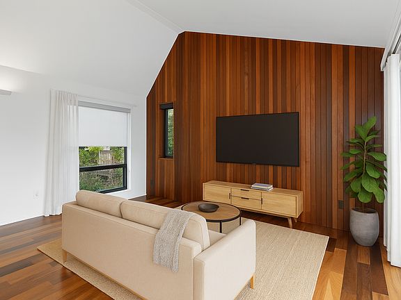 Living room virtually staged with modern vibe.