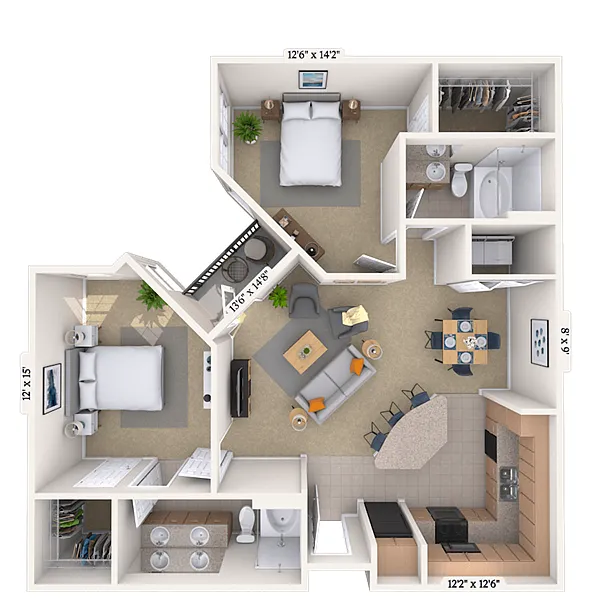Floor plan Traditional 2x2 1076 SF