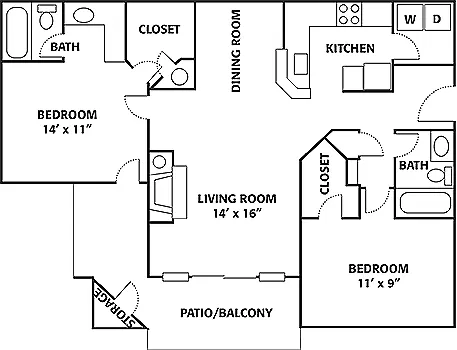 Floor plan 2 Bed 2 Bath Large - Classic