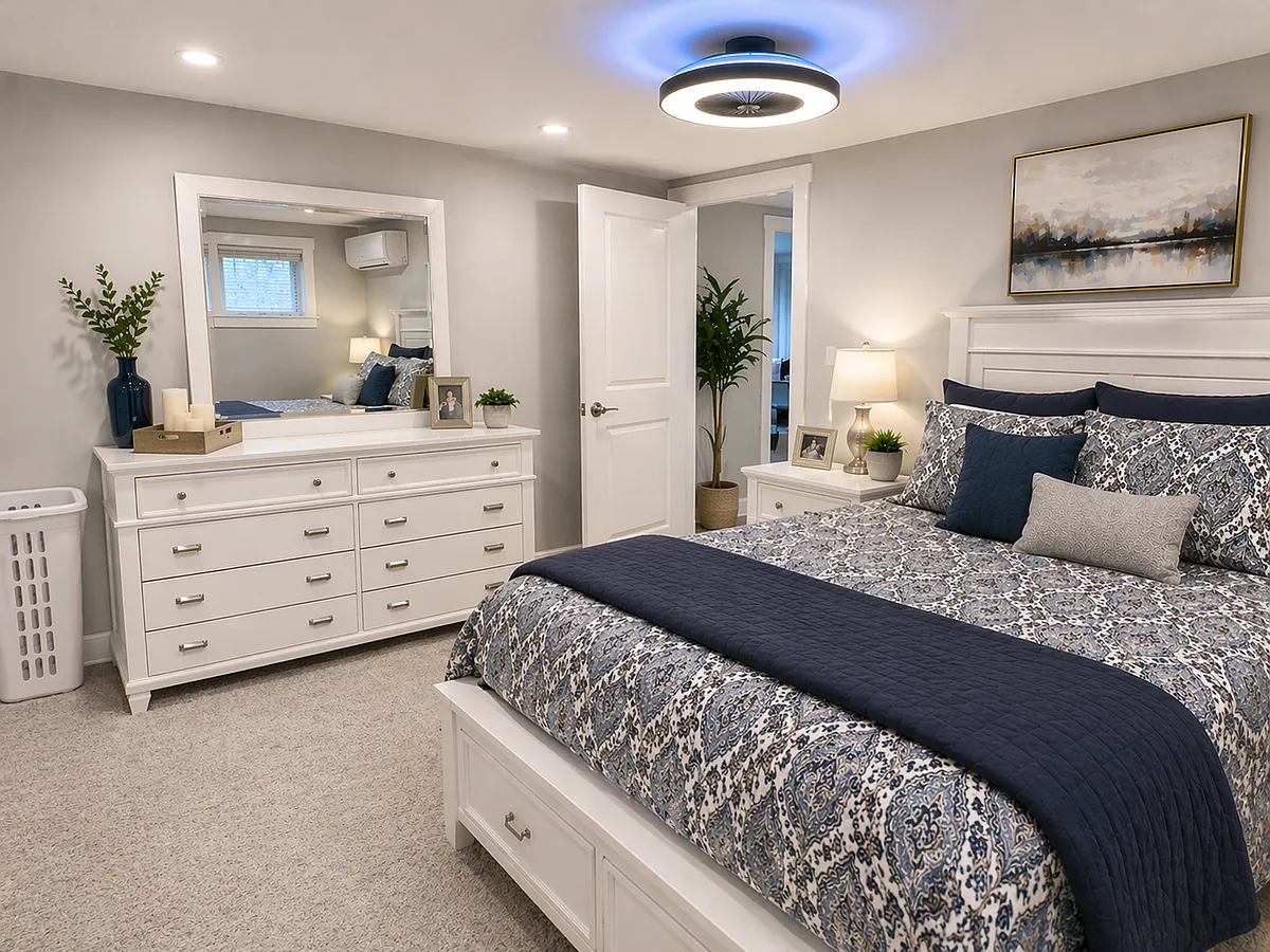 Serene bedroom retreat with modern finishes, recessed lighting, and energy-efficient split-unit climate control for year-round comfort. - 1925 Ryder St #L1