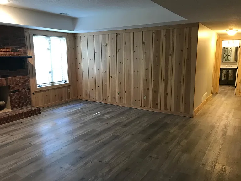Lower level family room with fireplace