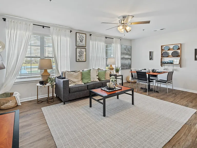 Spacious Living Room with Curtains and Wood-Style Flooring