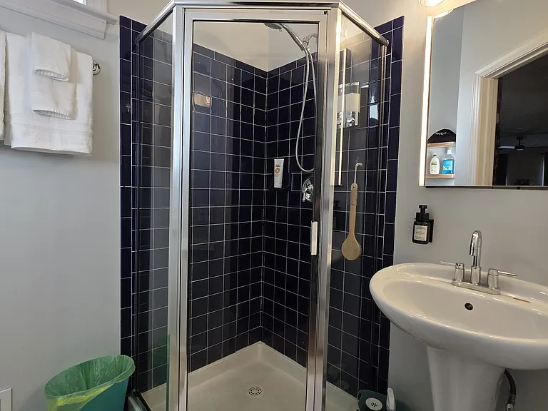 remodeled bathroom with stand up shower and lighted medicine cabinet; great natural light