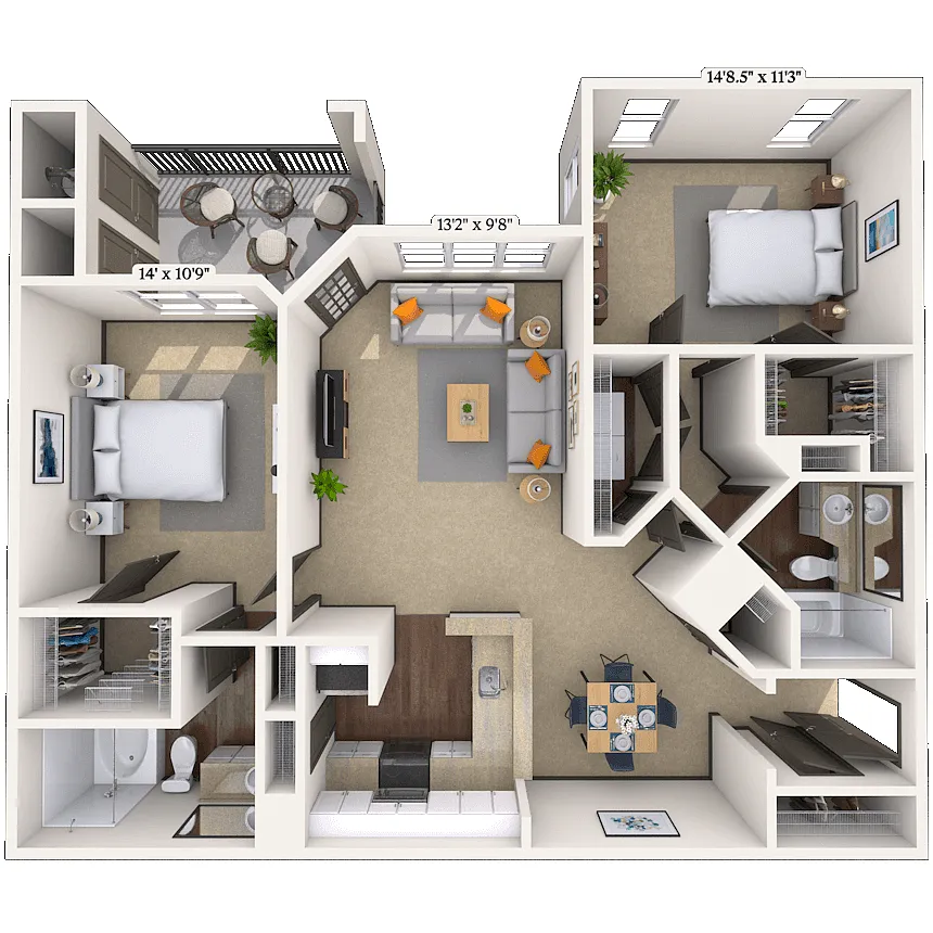Floor plan Traditional 2x2 1134-1384 SF