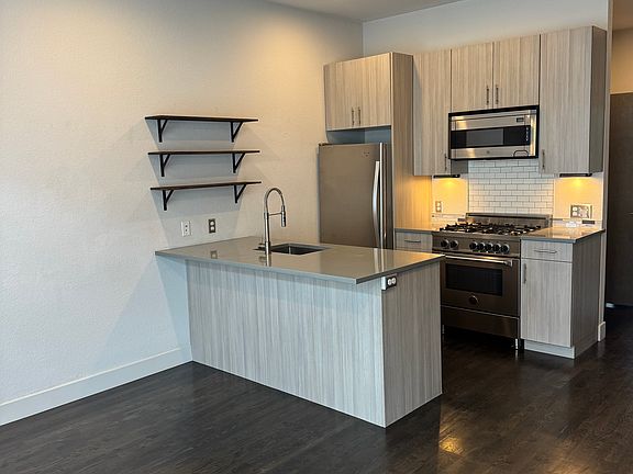 Kitchen with Open Shelving and hardwood Floors