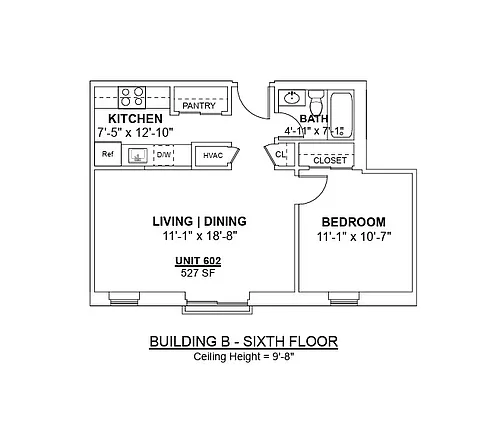 Floor plan 1Bed-1Bath 602