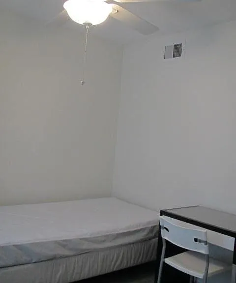 Bedroom 1: Desk and chair, ceiling fan